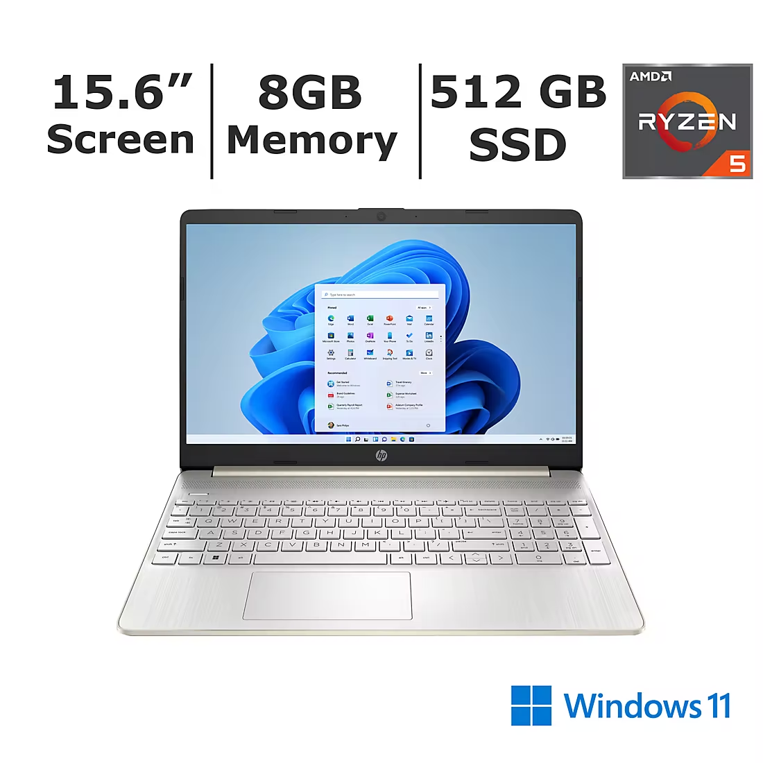 HP 15.6 inch Full HD Laptop, AMD Ryzen 5 5500U Processor, 8GB Memory, 512GB SSD, AMD Radeon Graphics, Silver